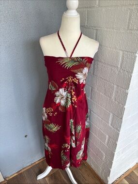 Hawaiian Hangover Red Floral Strapless Sundress with Halter Tie Dress sz L